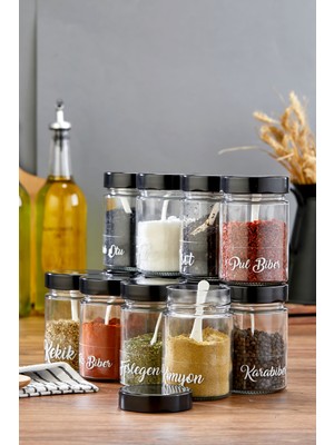 12'li 350 ml Metal Kapaklı Baharat Saklama Kabı Cam Kavanoz(Plastik Kaşık/ Etiket Dahil)
