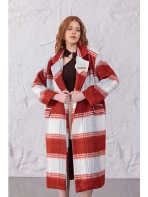 Özlem Yıldız Turuncu Beyaz Büyük Ekose Desenli Oversize Yünlü Kaban - Geniş Yakalı Uzun Kışlık Palto Serisi 40