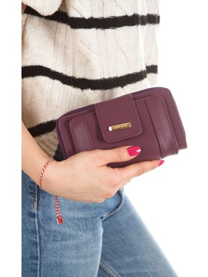 Newish Kadın Deri Desenli Telefon Kağıt Para Bölmeli Kartlık ve Cüzdan NEW215 - Mor