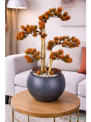 Yapay Çiçek Sitesi Siyah Küre Saksıda Modern Minimal Tasarım Yapay Bonsai Ağacı Turuncu 65 cm