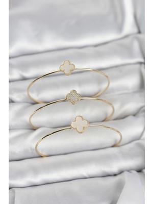 Butik Gold Renk Yonca Model Zirkon Taşlı 3'lü Kadın Bileklik Kombini