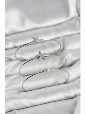 Butik Gümüş Renk Zirkon Taşlı Deniz Yıldızı Model 3'lü Kadın Bileklik Kombini