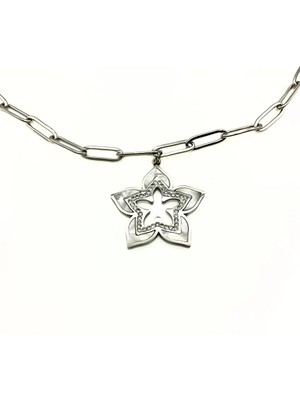 Sedef Detaylı Yıldız Çelik Kolye Model 10 | Taşlı Modern Tasarım