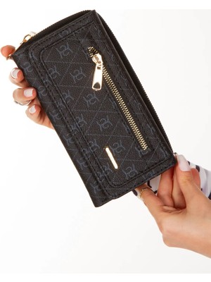 Newish Kadın Deri Desenli Telefon Kağıt Para Bölmeli Kartlık ve Cüzdan NEW216 - Siyah