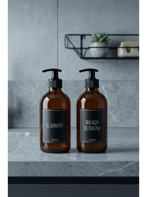 Zuri Design Amber Rengi Sıvı Sabunluk ve Bulaşık Deterjanlık Pompalı Set Siyah Etiketli