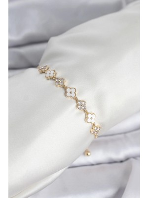 Butik Gold Renk Zirkon Taşlı Sıralı Yonca Model Asansörlü Kadın Bileklik