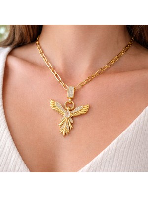 Zirkon Taşlı Anka Kuşu Figürlü Gold Ataç Zincir Çelik Kolye Model 13 – Kararmaz, Güçlü ve Şık Tasarım