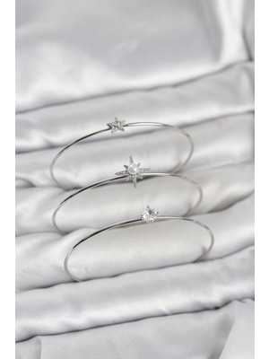 Butik Gümüş Renk Kutup Yıldızı Model Zirkon Taşlı 3'lü Kadın Bileklik Kombini