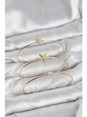 Butik Gold Renk Zirkon Taşlı Deniz Yıldızı Model 3'lü Kadın Bileklik Kombini