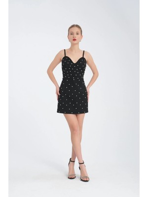 Özlem Yıldız Taşlı Büstiyer Yaka Detaylı Mini Elbise- Işıltılı Taş Işlemeli Siyah Elbise 38