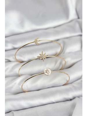 Butik Gold Renk Zirkon Taşlı Kutup Yıldızı Model 3'lü Kadın Bileklik Kombini