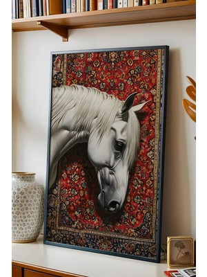 E2 Nova Beyaz At ve Geleneksel Kilim Desenli Çerçeveli Tablo - Ramazan Özel Seri Etnik Duvar Dekoru