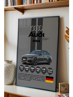 E2 Nova Audi Rs4 Premium Spor Araba Çerçeveli Tablo - Teknik Özellikli Otomobil Sever Duvar Dekoru