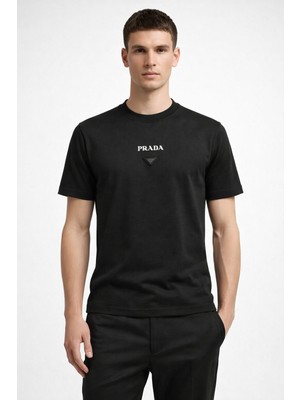 Prada  Jean   Yama Logolu Bisiklet Yaka Pamuklu Erkek T-Shirt