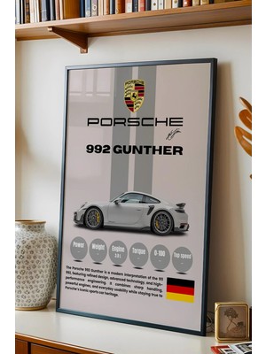 E2 Nova Porsche 992 Gunther Premium Spor Araba Çerçeveli Tablo - Teknik Özellikli Modern 911 Duvar Dekoru