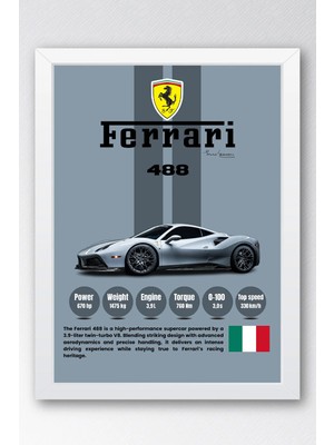 E2 Nova Ferrari 488 Premium Süper Araba Tablosu - Teknik Özellikli Italyan Otomobil Duvar Dekoru