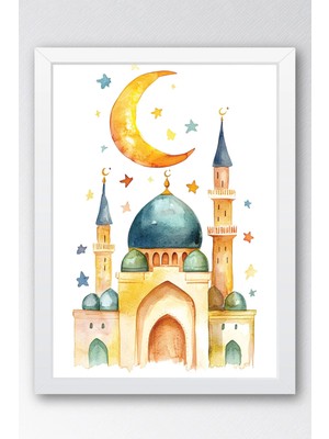E2 Nova Renkli Sulu Boya Cami ve Hilal Çerçeveli Tablo - Çocuk Odası Ramazan Hediyesi Eğitici Duvar Dekoru