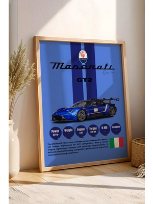 E2 Nova Maserati Gt2 Premium Mavi Yarış Arabası Tablosu - Teknik Özellikli Italyan Otomobil Duvar Dekoru