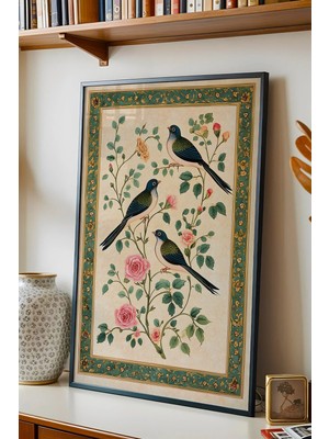 E2 Nova Geleneksel Minyatür Kuşlar ve Güller Çerçeveli Tablo - Ramazan Özel Seri Nostaljik Duvar Dekoru