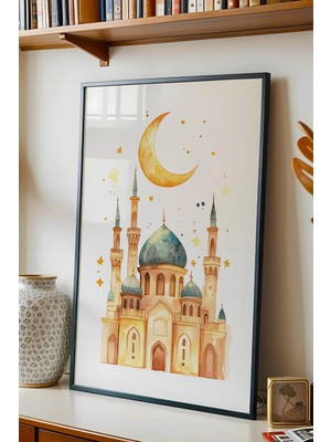 E2 Nova Pastel Sulu Boya Cami ve Hilal Çerçeveli Tablo - Çocuk Odası Ramazan Hediyesi Eğitici Duvar Sanatı