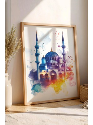 E2 Nova Renkli Sulu Boya Istanbul Cami Çerçeveli Tablo - Çocuk Odası Ramazan Hediyesi Sanatsal Duvar Dekoru