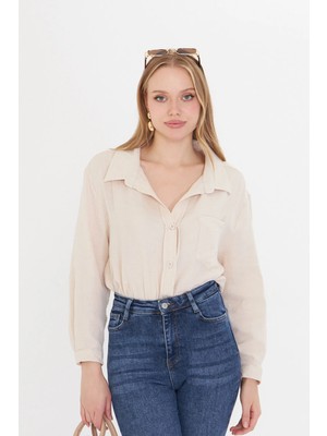 Thiff Gymwear Kadın Bej Oversize Basic Cepli Müslin Gömlek