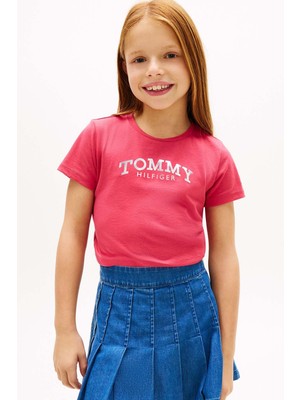 Tommy Hilfiger Kız Çocuk Metalik Logolu Dar Kesim T-Shirt - Koyu Pembe