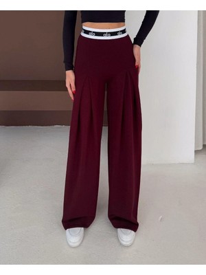 Beli Lastikli Bol Paça Bordo Pantolon – Rahat Kesim Şık Kadın Pantolon