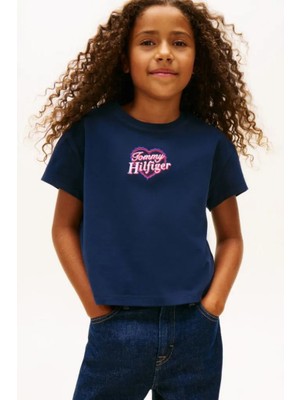 Tommy Hilfiger Kız Çocuk Pamuklu Kalp Nakışlı T-Shirt - Lacivert