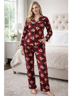 Kadın Ekose Ayıcık Desenli Uzun Kollu Düğmeli Pijama Takımı