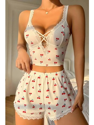 Homay 2’li Kiraz Desenli Dantel Detaylı Likralı Şortlu Pijama Takımı