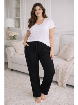 Remsa Büyük Beden Kadın Viskon Kumaş Penye Battal Tek Pijama Alt 16 SIYAH02