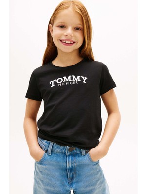 Tommy Hilfiger Kız Çocuk Metalik Logolu Dar Kesim T-Shirt - Siyah
