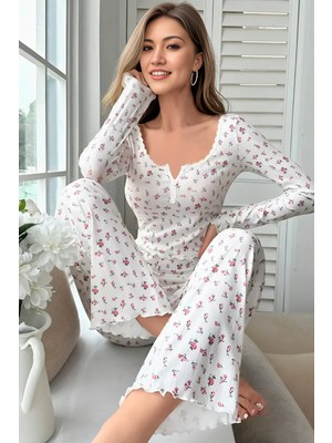 Homay 2’li Çiçek Desenli Dantel Detaylı Pamuklu Pijama Takımı
