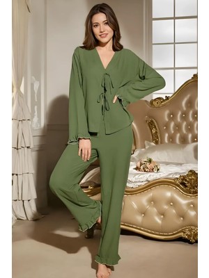 Homay 2’li Önü Bağcıklı Volan Paçalı Likralı Pijama Takımı