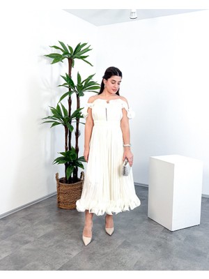 Mialora Kruvaze Yaka Omuz Boncuk Detaylı Püsküllü Maxi Kadın Elbise