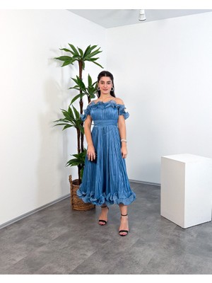 Mialora Kruvaze Yaka Omuz Boncuk Detaylı Püsküllü Maxi Kadın Elbise