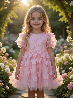 Bes Trend Kız Çocuk Elbise Yazlık Kelebek 3D Boyutlu Party Balo Özel Gün Elbise