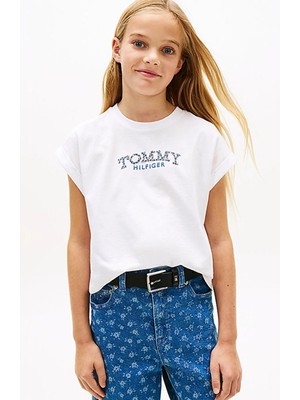 Tommy Hilfiger Kız Çocuk Pamuklu Çiçek Desenli Logolu T-Shirt - Beyaz
