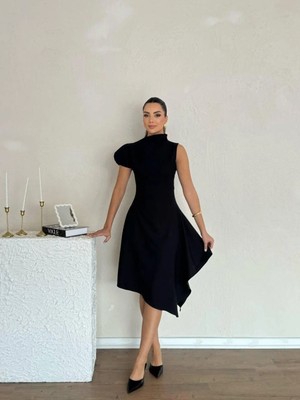 Asimetrik Yaka Midi Boy Elbise – Yeni Sezon – Modern Kesim Şık Kadın Elbise