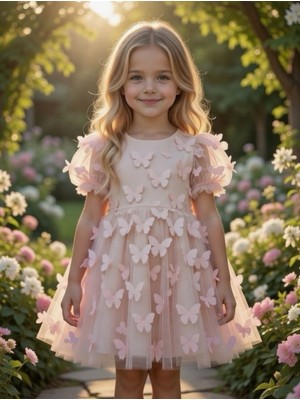 Bes Trend Kız Çocuk Elbise Yazlık Kelebek 3D Boyutlu Party Balo Özel Gün Elbise