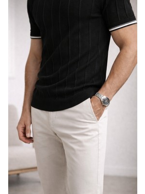 We&Me Erkek Slim Fit Triko T-Shirt | Fitilli Doku | Şerit Detaylı Kısa Kol