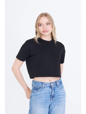 Thiff Gymwear Kadın Siyah Baskısız Yuvarlak Yaka Crop Tişört T-Shirt