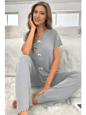 Homay 2’li Dalga Biyeli Fiyonk Detaylı Kısa Kollu Pamuklu Pijama Takımı