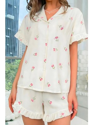 Homay 2’li Çiçek Desenli Düğmeli Viskon Likralı Şortlu Pijama Takımı