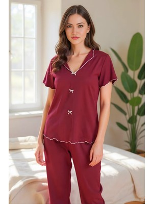 Homay 2’li Dalga Biyeli Fiyonklu Kısa Kollu Pamuklu Pijama Takımı