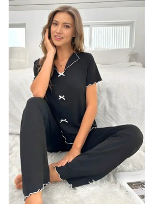 Homay 2’li Dalga Biyeli Fiyonk Detaylı Kısa Kollu Pamuklu Pijama Takımı