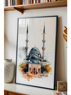 E2 Nova Modern Sulu Boya Istanbul Cami Çerçeveli Tablo - Çocuk Odası Ramazan Hediyesi Sanatsal Duvar Dekoru