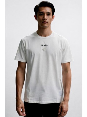 Prada  Jean   Yama Logolu Bisiklet Yaka Pamuklu Erkek T-Shirt