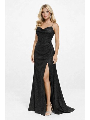 Simli Askılı Yırtmaçlı Uzun Abiye